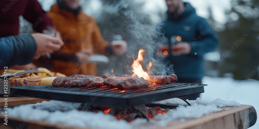 A snowy mountain lodge where friends huddle around a firepit, grilling steaks and vegetables over glowing embers A snowy mountain lodge where friends huddle around a firepit, grilling steaks and vegetables over glowing embers