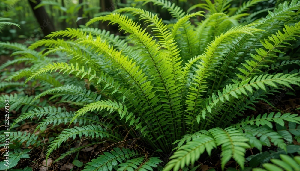 Obraz premium Vibrant green ferns unfurling in a damp woodland
