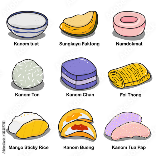 Illustration Collection of hand drawn Thai desserts Isolated background
