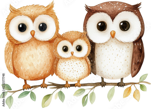 Adorable Watercolor Owl Family Perched on a Branch Sweet Baby Owl with Parents