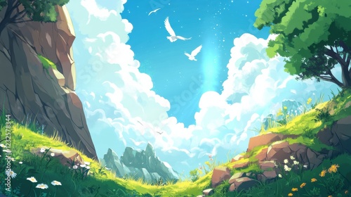 Serene landscape with bright blue skies and fluffy clouds surrounding rocky hills. Generative AI