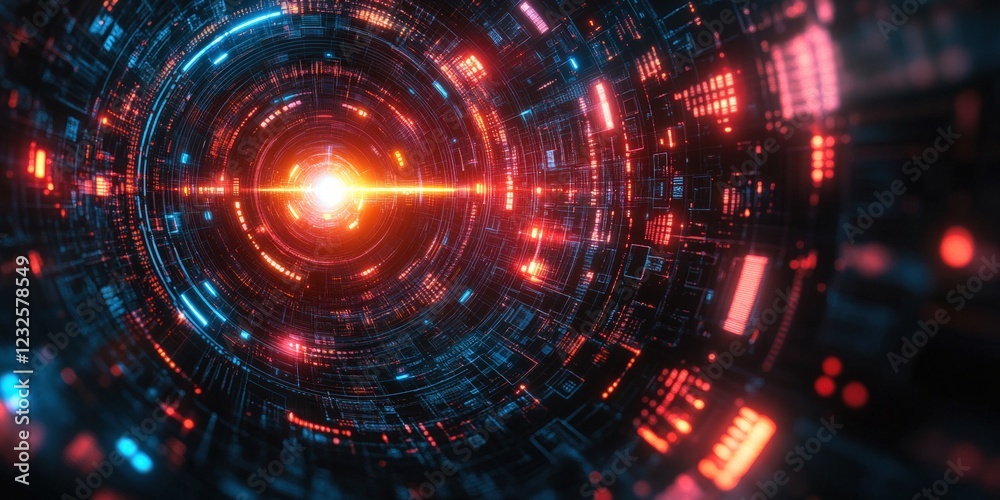Fototapeta premium Circular tunnel illuminated with red and blue lights creating a vibrant visual effect