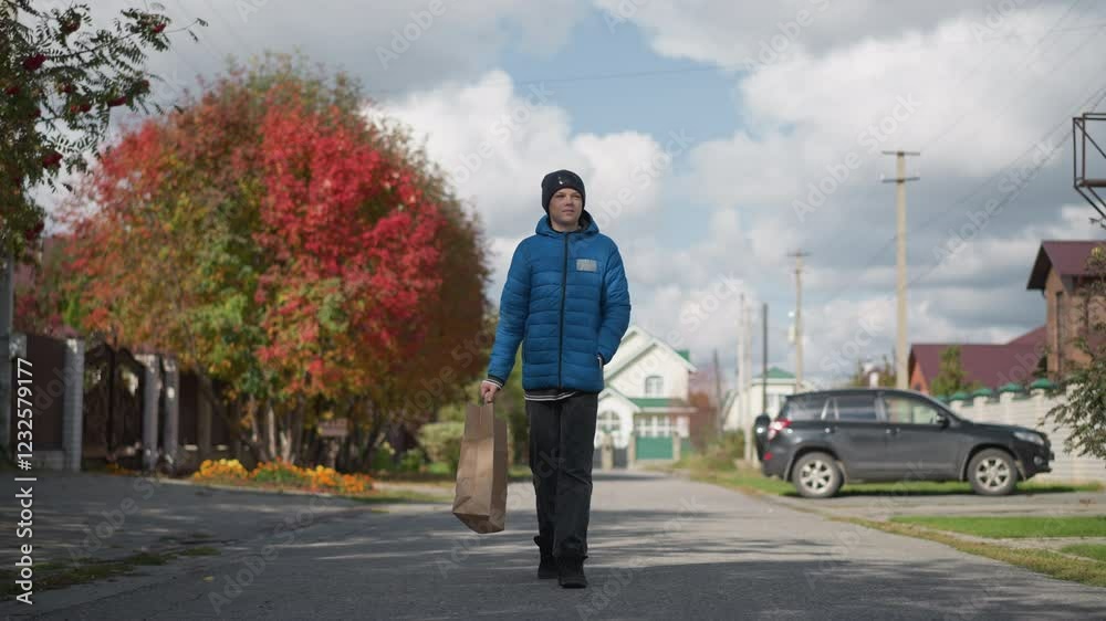 Teenage boy in blue jacket and black beanie walking in residential area, looking thoughtful with sunlight reflecting off his face, surrounded by autumn trees and parked cars Teenage boy in blue jacket and black beanie walking in residential area, looking thoughtful with sunlight reflecting off his face, surrounded by autumn trees and parked cars