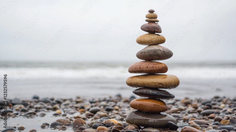 Fototapeta premium Stack of Colorful Stones on Pebble Beach with Ocean Background