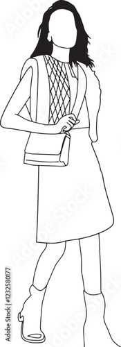 Fashion illustration depicting a faceless female figure in stylish clothing with a handbag, showcasing simplicity and elegance in design. Great for fashion, style, and artistic content.