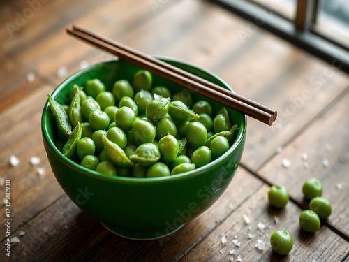 an image of a bowl of green peas with chopsticks on a table. photo