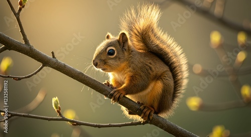 Squirrel perched on branch in sunlit forest