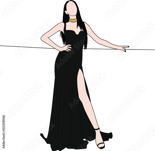 Illustration of a woman wearing a stylish black evening gown and a bold choker necklace, exuding elegance and sophistication, captured in a poised posture that highlights her fashionable appearance.