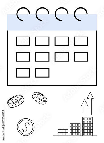 Monthly calendar grid with coins and bar chart showing arrow upward. Ideal for finances, planning, investments, budgeting, savings, time management, economy. Minimal abstract line flat metaphor