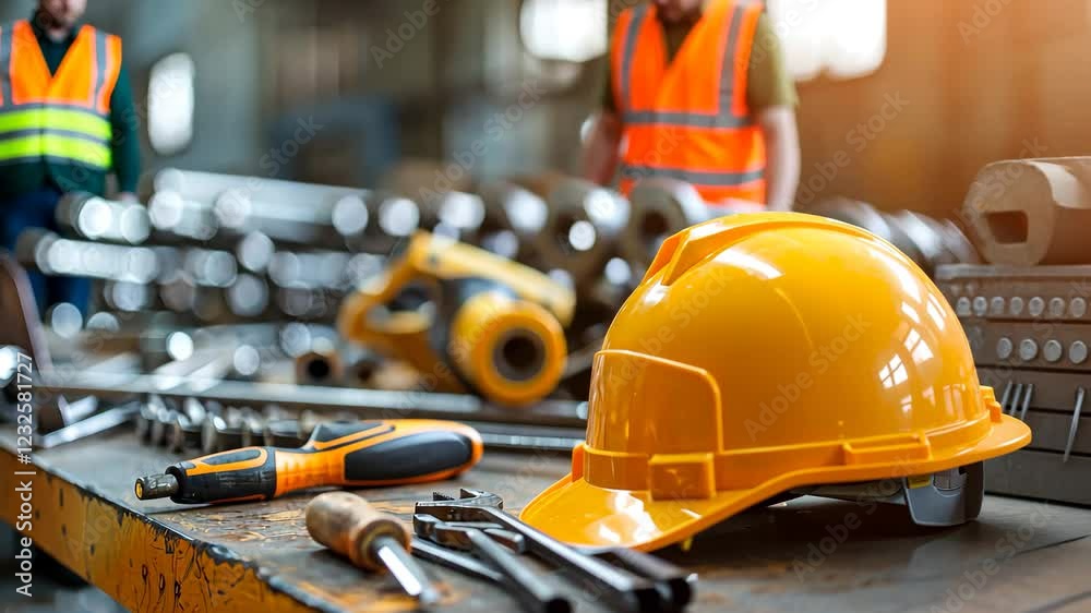 Construction tools and a hard hat laid out on a workbench in a workshop setting.
Construction tools and a hard hat laid out on a workbench in a workshop setting.