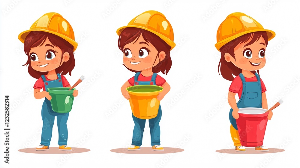 Adorable Little Girl Holding Paint Bucket in Flat Vector Style for Creative Projects Adorable Little Girl Holding Paint Bucket in Flat Vector Style for Creative Projects