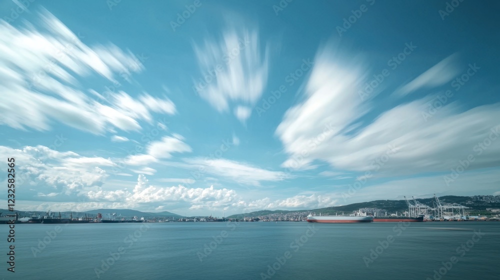 Fototapeta premium Serene Harbor View with Clouds and Calm Waters at Daytime