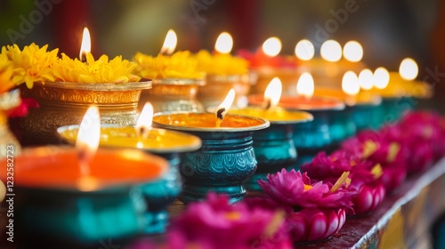 Colorful candles and flowers in a temple, hinduism
