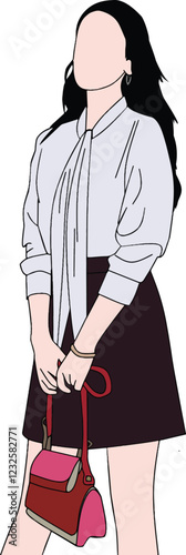 Illustrated depiction of a fashionable woman wearing a sophisticated blouse, skirt, and holding a handbag, showcasing modern style and elegance.
