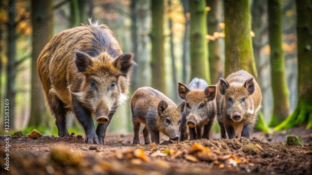 Family of Wild Boars Exploring the Forest Floor in Autumn Family of Wild Boars Exploring the Forest Floor in Autumn