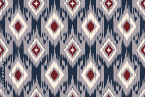 Seamless ethnic ikat pattern featuring tribal and folk embroidery combined with Mexican Aztec geometrics. Perfect for graphic art, rug design, wallpaper, wrapping and clothing.