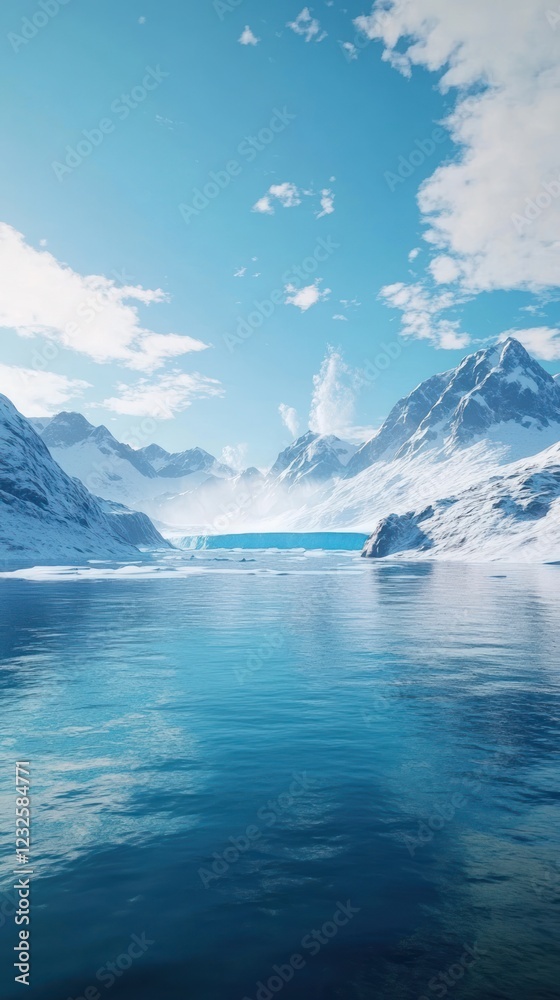 Serene glacial lake nestled in snow-capped mountains; calm waters reflect the sky; for travel brochures Serene glacial lake nestled in snow-capped mountains; calm waters reflect the sky; for travel brochures