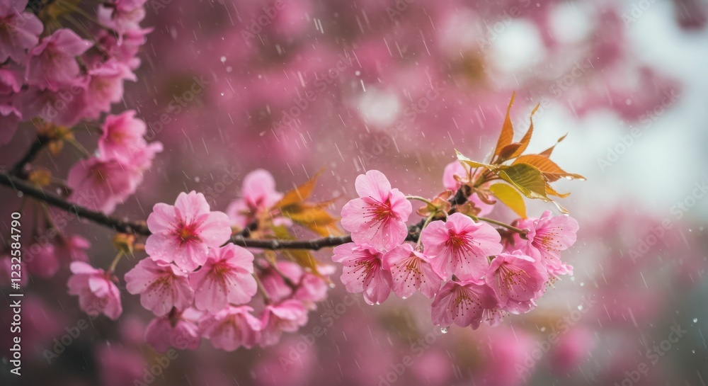 Naklejka premium Cherry blossoms in rainy springtime bloom with soft pink petals and green leaves