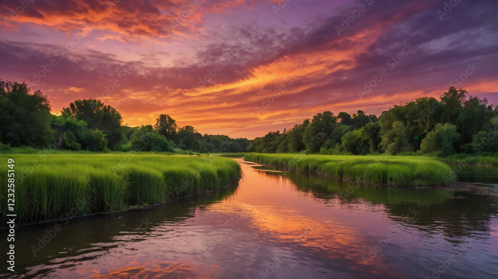 Obraz premium Peaceful Sunset on a Serene River with a Rowboat, ai generated