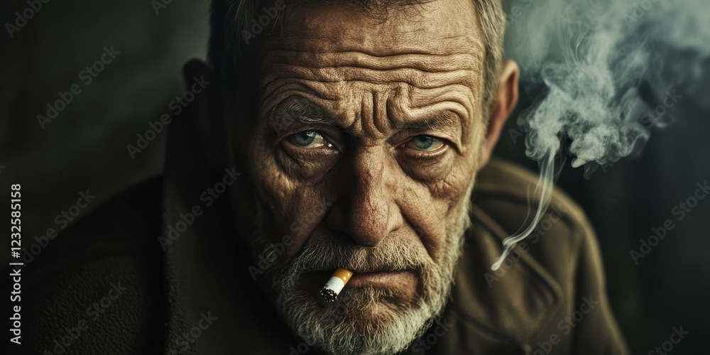 Serious elderly man smoking, dark background, portrait Serious elderly man smoking, dark background, portrait