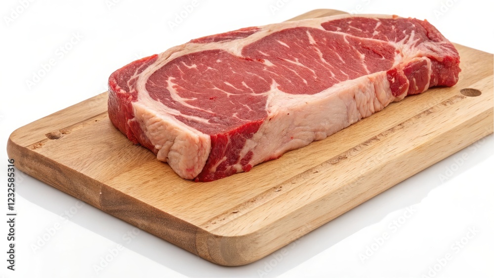 A single raw ribeye steak rests on a light brown wooden cutting board against a bright white background A single raw ribeye steak rests on a light brown wooden cutting board against a bright white background