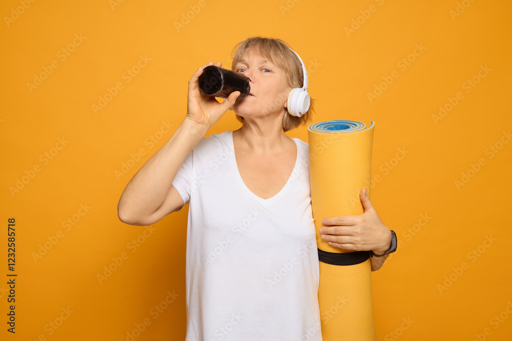 Obraz premium A middle-aged woman holds a rolled yoga mat in one hand and drinks from a cup in the other. She wears headphones, ready for her yoga session in a bright yellow environment