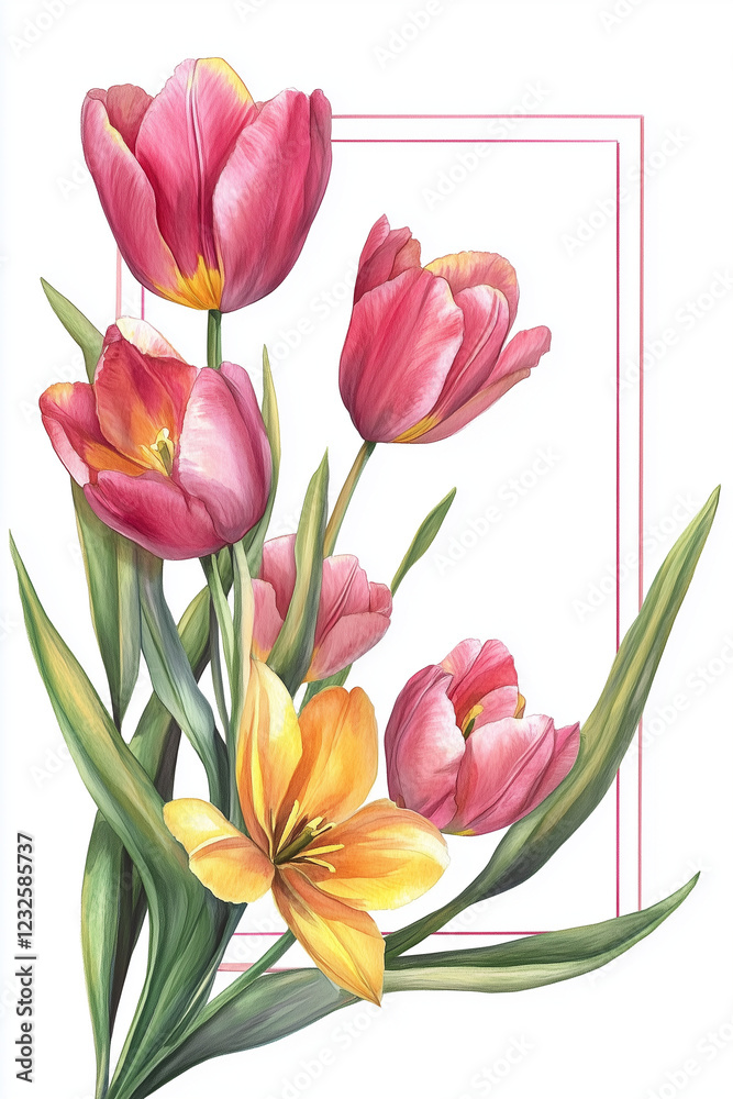 Fototapeta premium Watercolor Tulips Illustration. Watercolor illustration of pink and yellow tulips. Ideal for spring designs, greeting cards, or home decor.