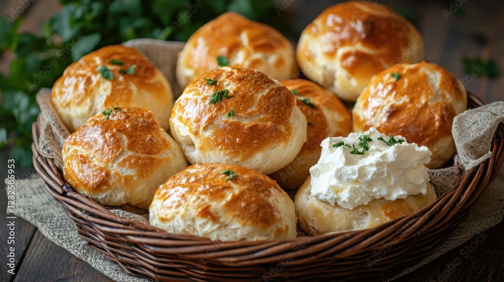 Freshly Baked Brioche Rolls in a Rustic Wooden Basket Freshly Baked Brioche Rolls in a Rustic Wooden Basket