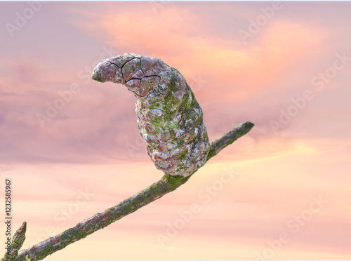 Branch, pine cone and sunset of nature landscape, sustainable environment and wildlife habitat. Morning sunrise, tree bark and pinaceae species for season change, natural growth and ecosystem balance photo