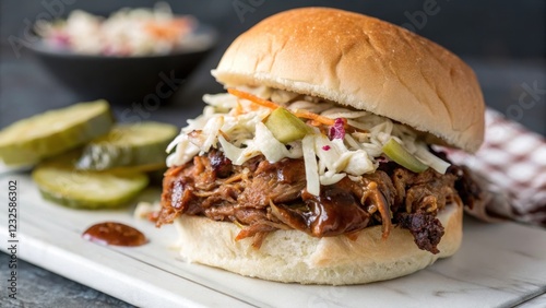 Pulled Pork Sandwich with Coleslaw and Pickles on a Marble Board