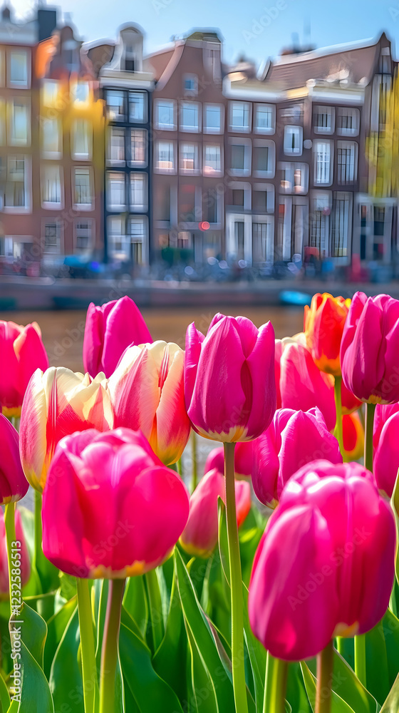 Obraz premium Vibrant Tulips with Traditional Amsterdam Canal Houses Background
