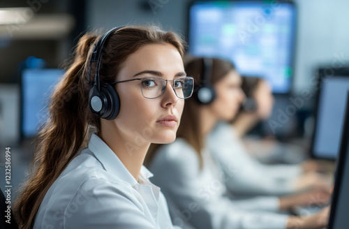 A team of dispatchers in a control room working together to manage heavy air traffic photo