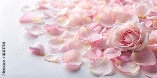 Soft pink rose petals scattered on a white background , delicate flowers