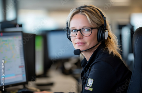 A female air traffic controller adjusting her headset while coordinating multiple flights