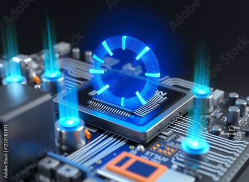 an image of a close up of a computer motherboard with a clock on it. photo