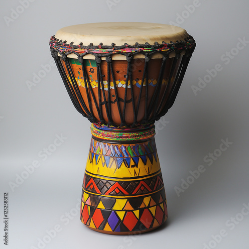 Bunte, dekorative Djembe-Trommel auf neutralem Hintergrund. Traditionelle afrikanische Handtrommel mit kunstvollen Mustern und lebhaften Farben, ideal für Musikliebhaber photo