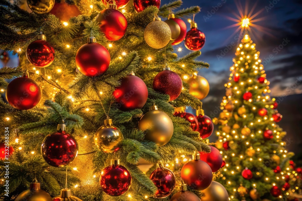 Red and gold ornaments shimmer on a breathtaking Christmas tree, bathed in magical holiday lights. Red and gold ornaments shimmer on a breathtaking Christmas tree, bathed in magical holiday lights.