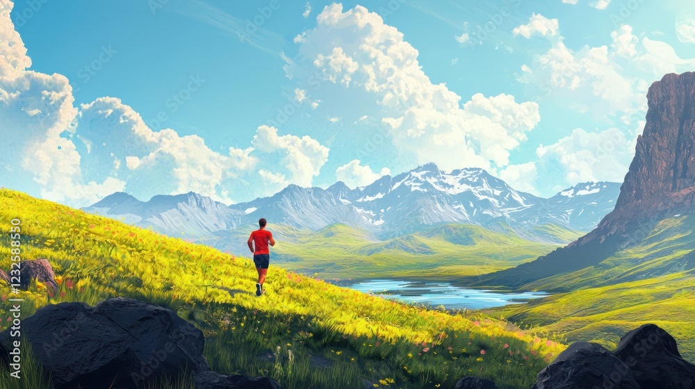 A runner competing in a long-distance event, crossing a beautiful natural landscape as part of an endurance run. A runner competing in a long-distance event, crossing a beautiful natural landscape as part of an endurance run.