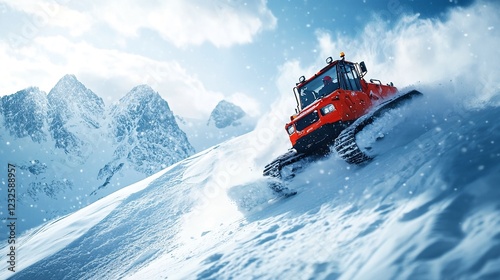 A snowcat navigating a snowy mountain slope.