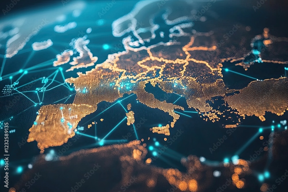 Naklejka premium A dynamic digital world map highlights continental Western Europe to connect to the global network powered by artificial intelligence. Network information exchange and telecommunications.