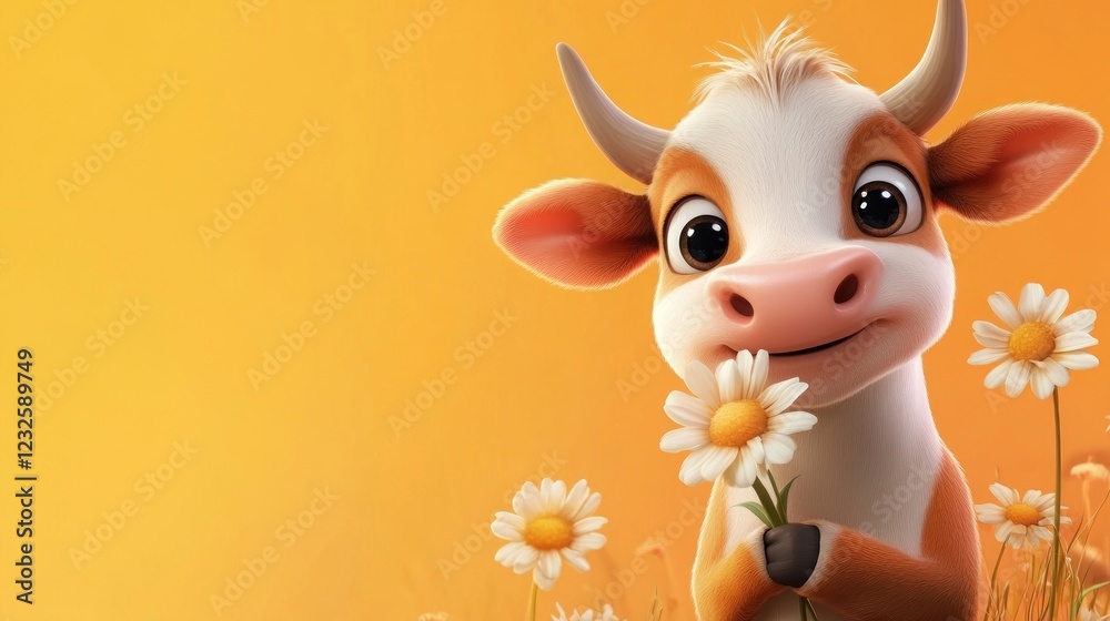 Cute calf smelling daisy in field, sunset backdrop, children's book illustration Cute calf smelling daisy in field, sunset backdrop, children's book illustration