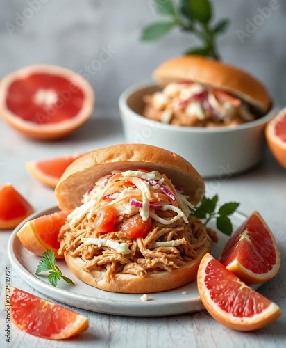 an image of a plate with a sandwich and some grapefruits. photo