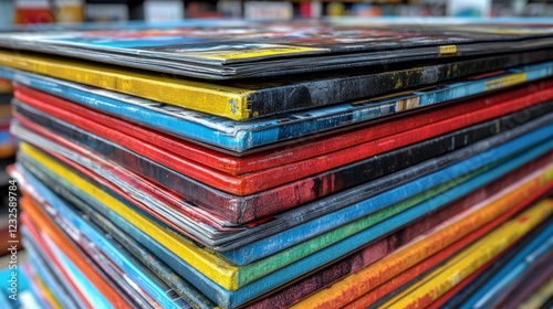 Colorful stack of vinyl records displayed at a music store, inviting music lovers to explore and discover new sounds