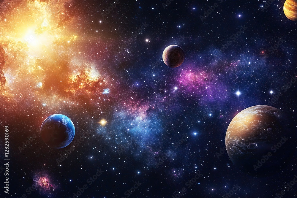 Space scene with planets, stars and galaxies. Panorama