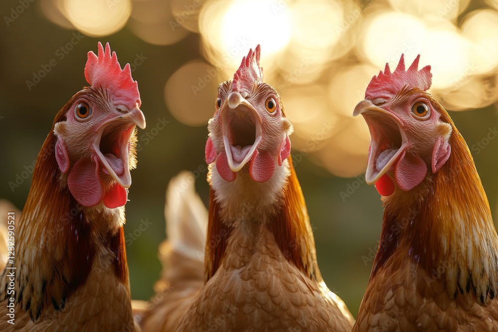 Fototapeta premium Three chickens with open beaks in golden sunlight