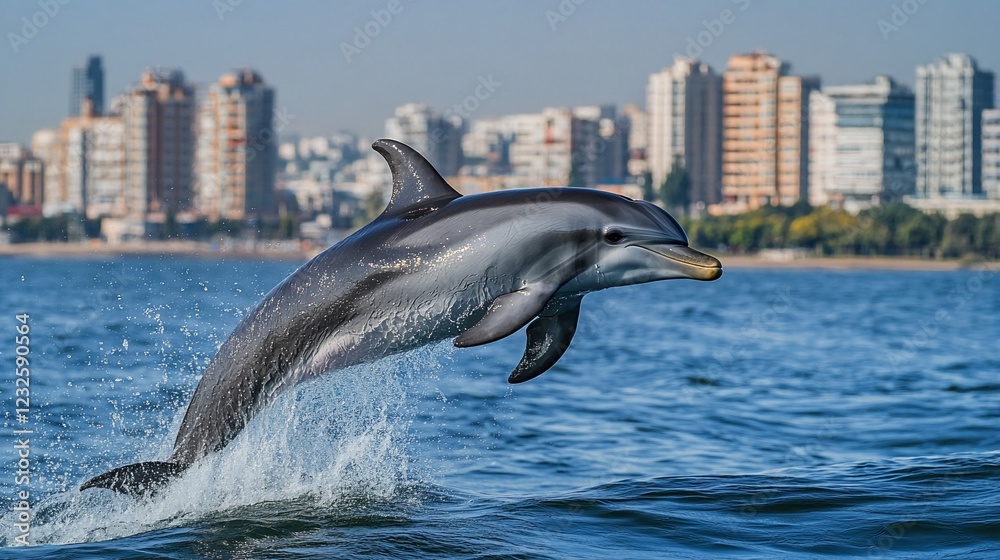 Obraz premium Dolphin jumping out of water with city skyline in background.