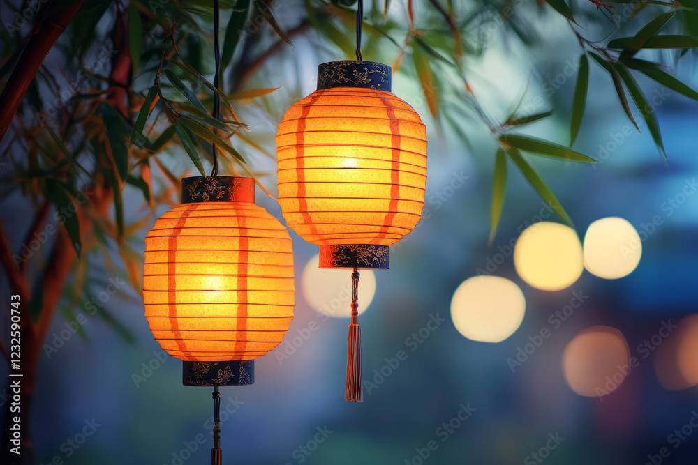 Obraz premium Traditional Chinese lanterns glowing among bamboo at night