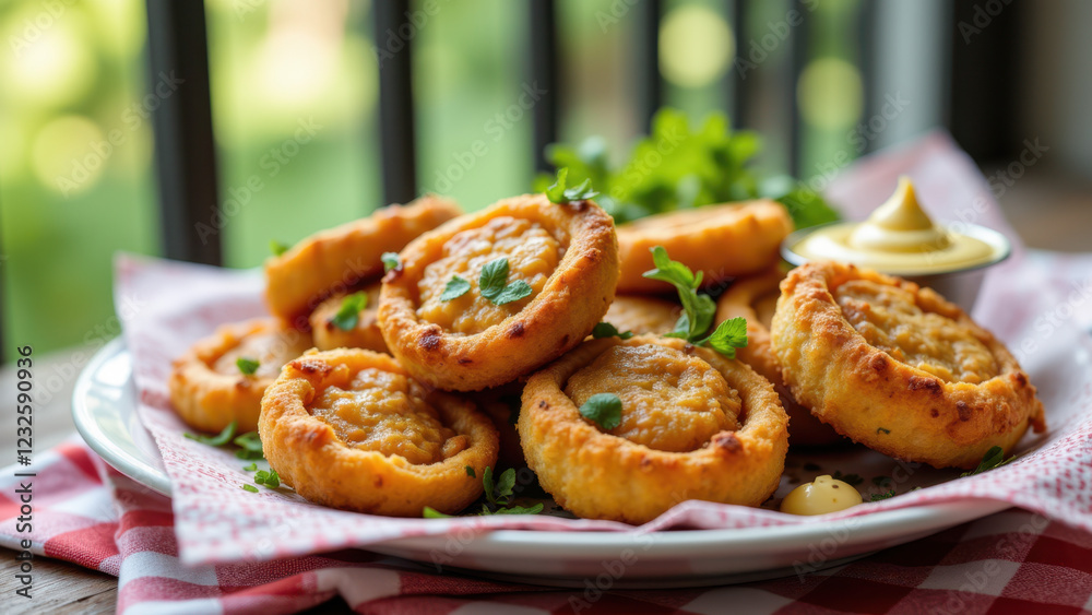 A platter of golden-brown fried appetizers garnished with parsley on a table draped with a red and white checkered tablecloth. A platter of golden-brown fried appetizers garnished with parsley on a table draped with a red and white checkered tablecloth.
