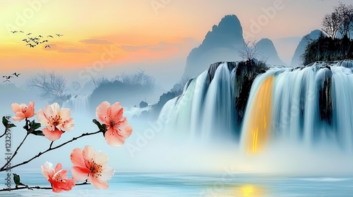 A serene waterfall at sunset, surrounded by blooming flowers. photo