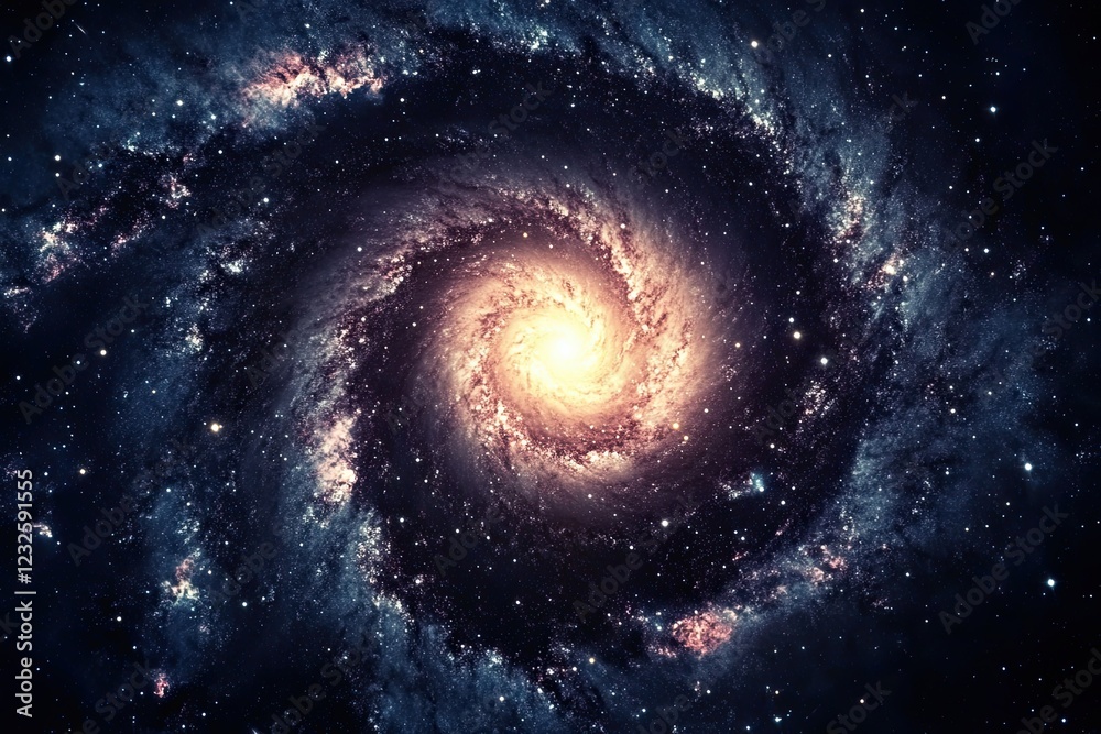 Fototapeta premium View from space of a spiral galaxy and stars. The universe is filled with stars, nebulae and galaxies.